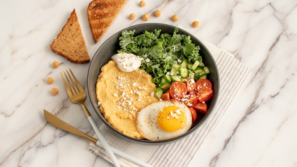 Hummus Breakfast Bowl With Veggies Feta And A Fried Egg Fitness Blender