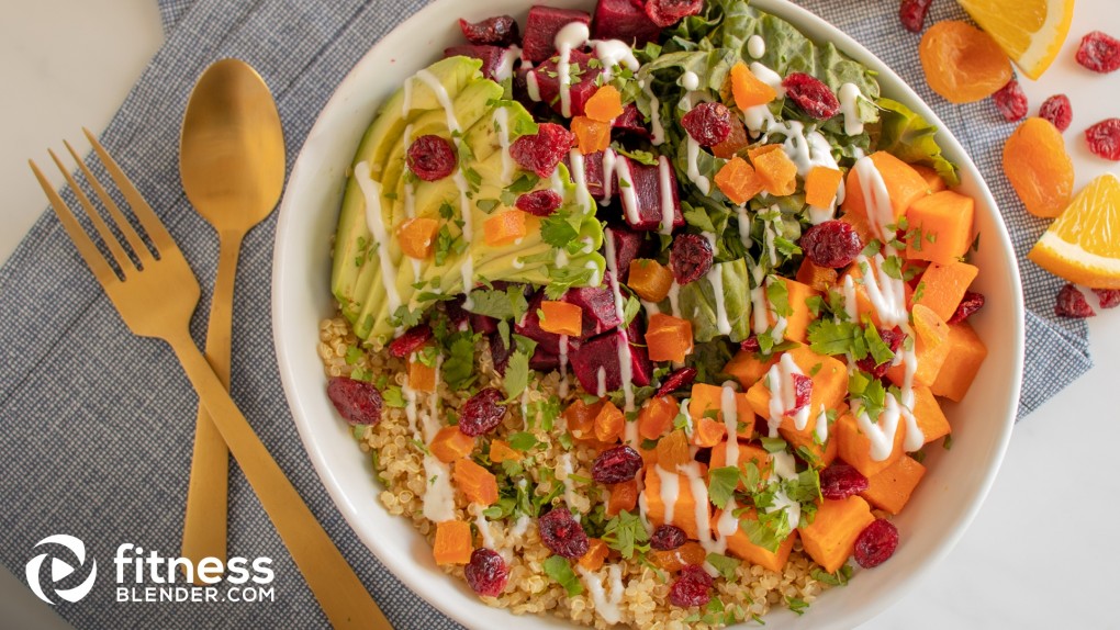 Roasted Beet and Butternut Bowls with Quinoa, Dried Fruit, and Honey-Yogurt Drizzle 