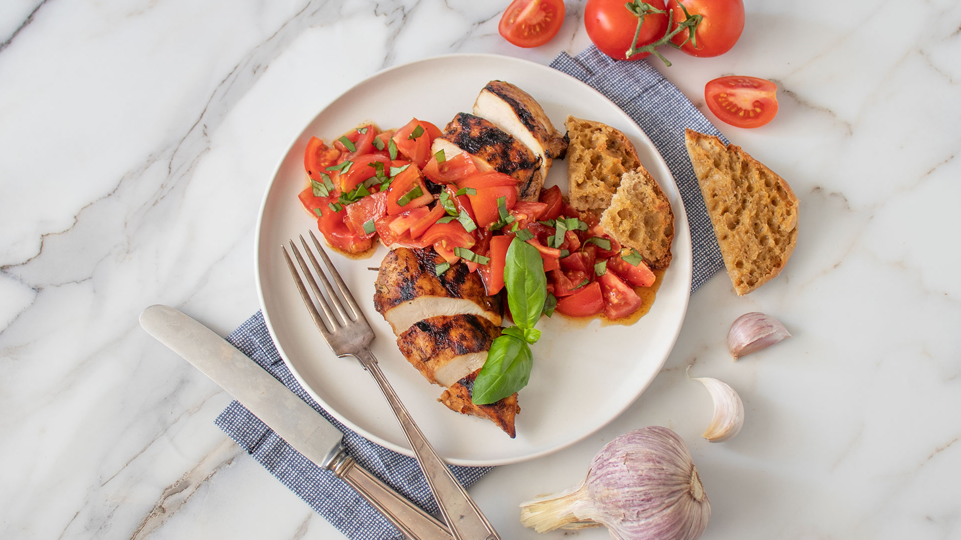 Balsamic Chicken Bruschetta With Fresh Tomatoes, Garlic, and Balsamic