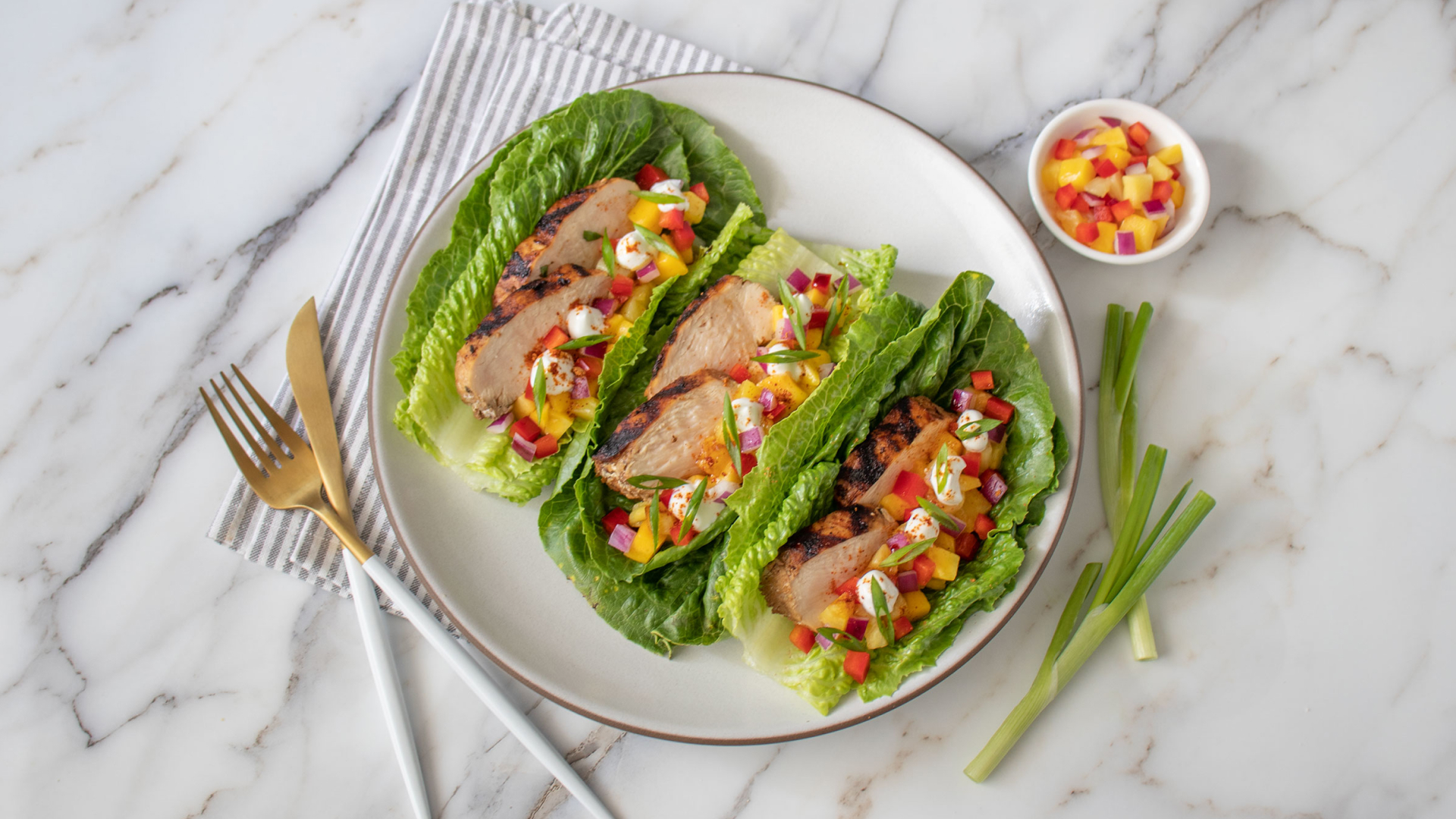Tasty Tropical Chicken Lettuce Wraps With Seasonal Salsa and Balsamic